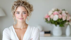 A woman with makeup ready skin before her wedding after receiving bridal facials in preparation for the wedding date.