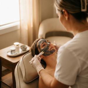 ACne facial being performed on a young woman in a medical spa by a provider
