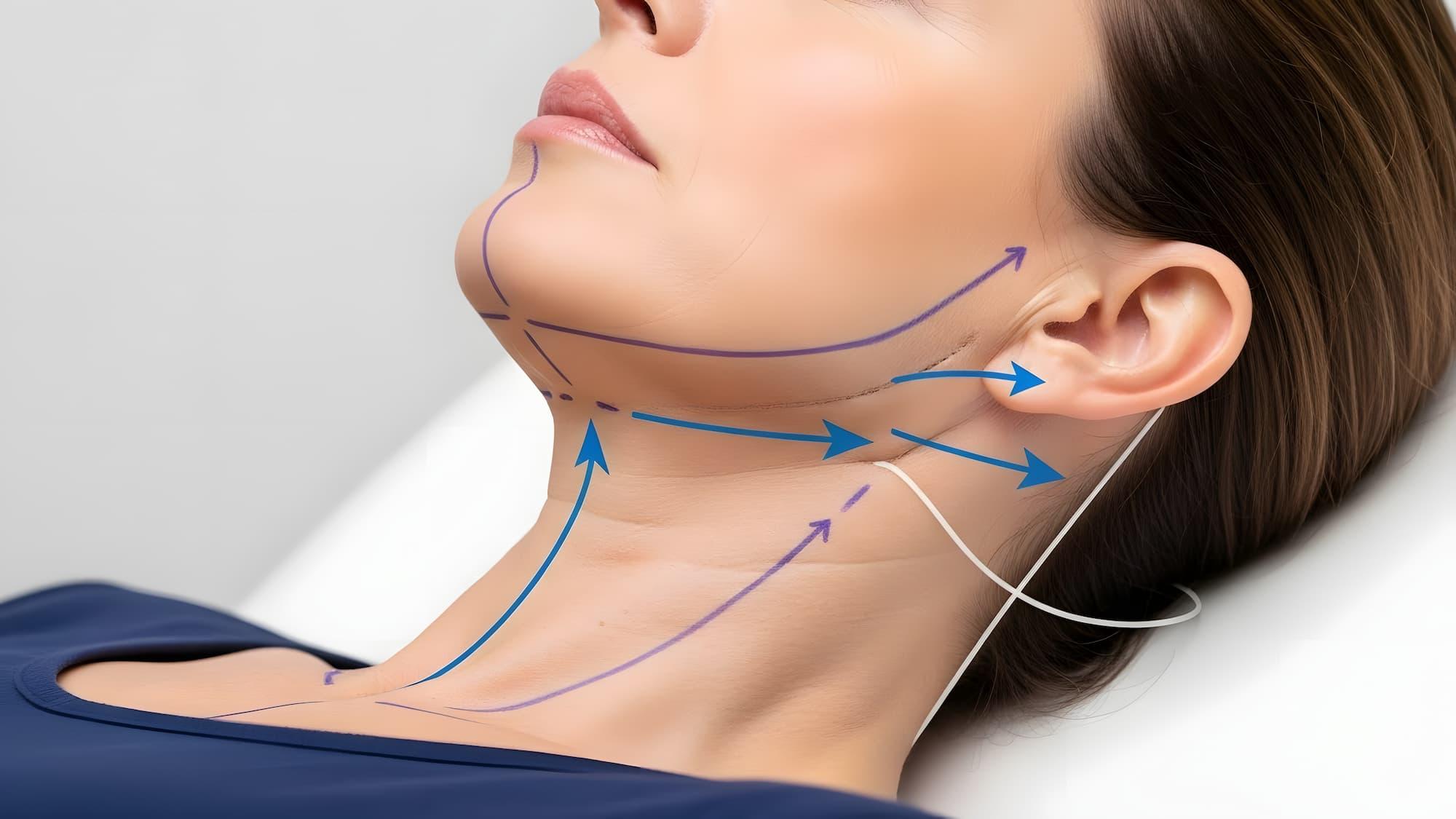 A close up of woman getting a neck lift or Nefertiti lift with lines drawn on her skin, showing how the neck lift will be applied.