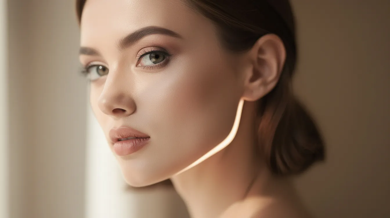 The image features a woman showcasing a beautifully defined jawline and an elegant neck, highlighting the effects of a nefertiti lift procedure that enhances neck aesthetics and reduces visible signs of aging. Her youthful appearance suggests effective skin tightening and improved contour, likely achieved through non-surgical cosmetic treatments such as botox injections or dermal fillers.