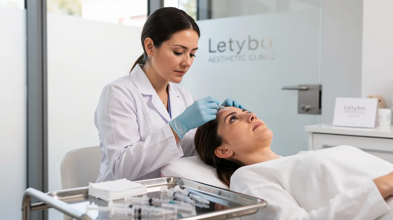 The image depicts a close-up of a patient's forehead showing moderate to severe glabellar lines, commonly referred to as frown lines, which are targeted in Letybo treatment using botulinum toxin type A. The scene emphasizes the injection site, highlighting the subtle redness post-treatment, and reflects the aesthetic goals of achieving natural-looking results while reducing dynamic wrinkles.
