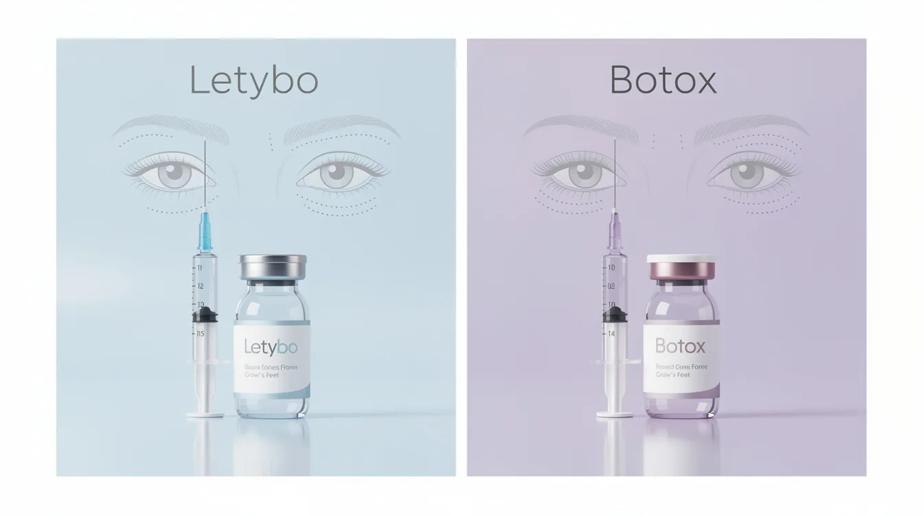 The image contrasts Letybo and Botox, two botulinum toxin products used for treating moderate to severe glabellar lines, showcasing their key differences in efficacy and onset time. It highlights the importance of personalized consultation with a licensed injector to achieve natural-looking results and address individual aesthetic goals.