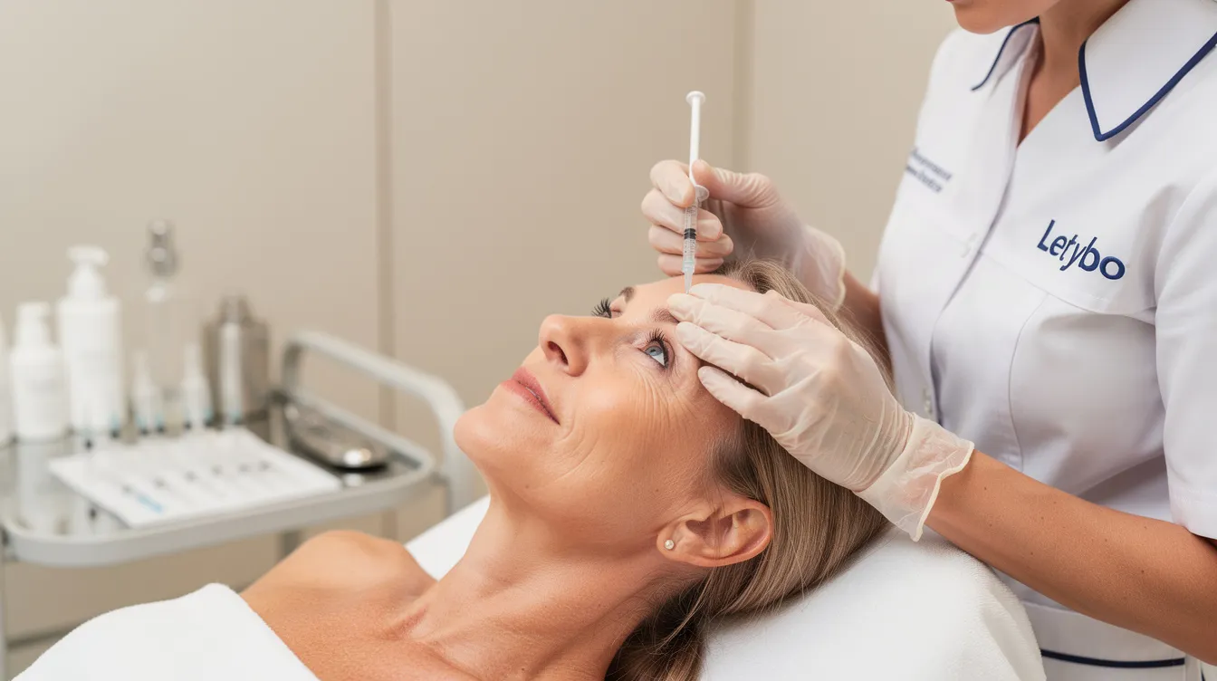 The image depicts a med spa setting where a licensed injector is performing a wrinkle smoothing treatment using Letybo, a botulinum toxin type A product. The focus is on the patient's forehead, highlighting the targeted facial muscles to reduce moderate to severe glabellar lines and frown lines for natural-looking results.