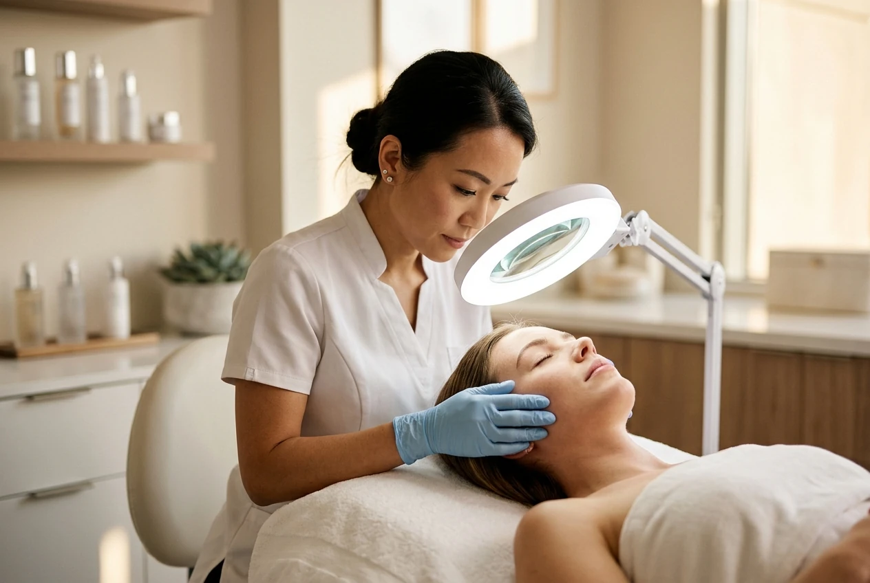A licensed aesthetician analyzing a client's skin under a magnifying lamp, the assessment that determines how often you should get a facial