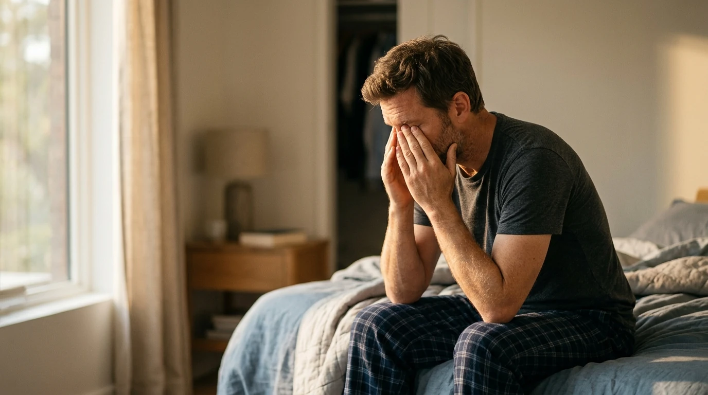 Man in his mid-forties sitting on the edge of a bed in early morning light, rubbing his eyes, persistent fatigue that sleep does not fix is one of the most common signs of low testosterone