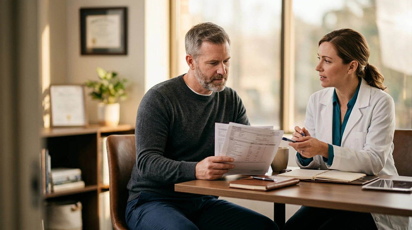 Man in his forties in a professional consultation room reviewing lab results with a nurse practitioner, men's health consultation for testosterone replacement therapy evaluation