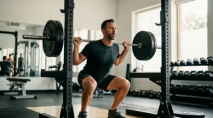 Adult man in his forties finishing a heavy squat set in a bright gym — resistance training is the single most well-supported natural method for supporting healthy testosterone levels