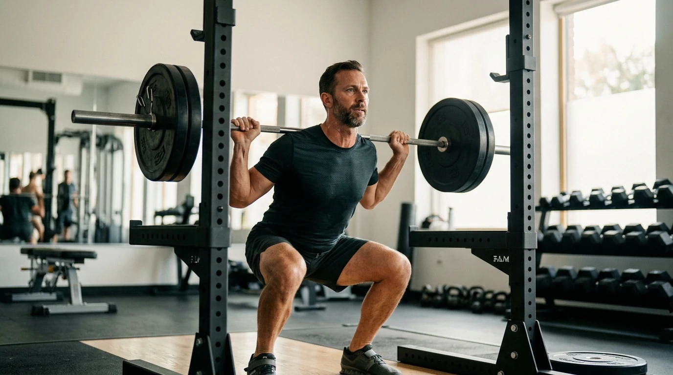 Adult man in his forties finishing a heavy squat set in a bright gym, resistance training is the single most well-supported natural method for supporting healthy testosterone levels