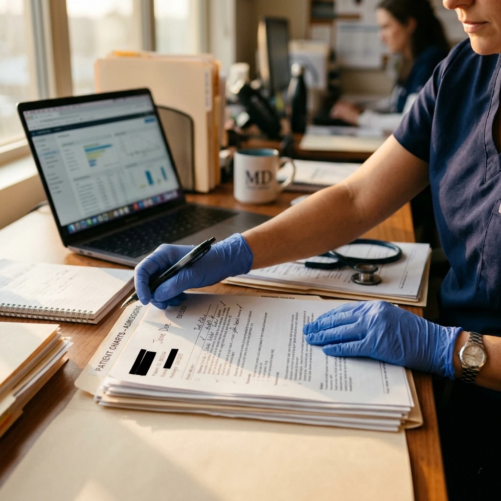 Close-up of a medical professional's hands reviewing patient charts at a desk, with a stethoscope and laptop visible, warm office lighting, shallow depth of field focusing on the documents