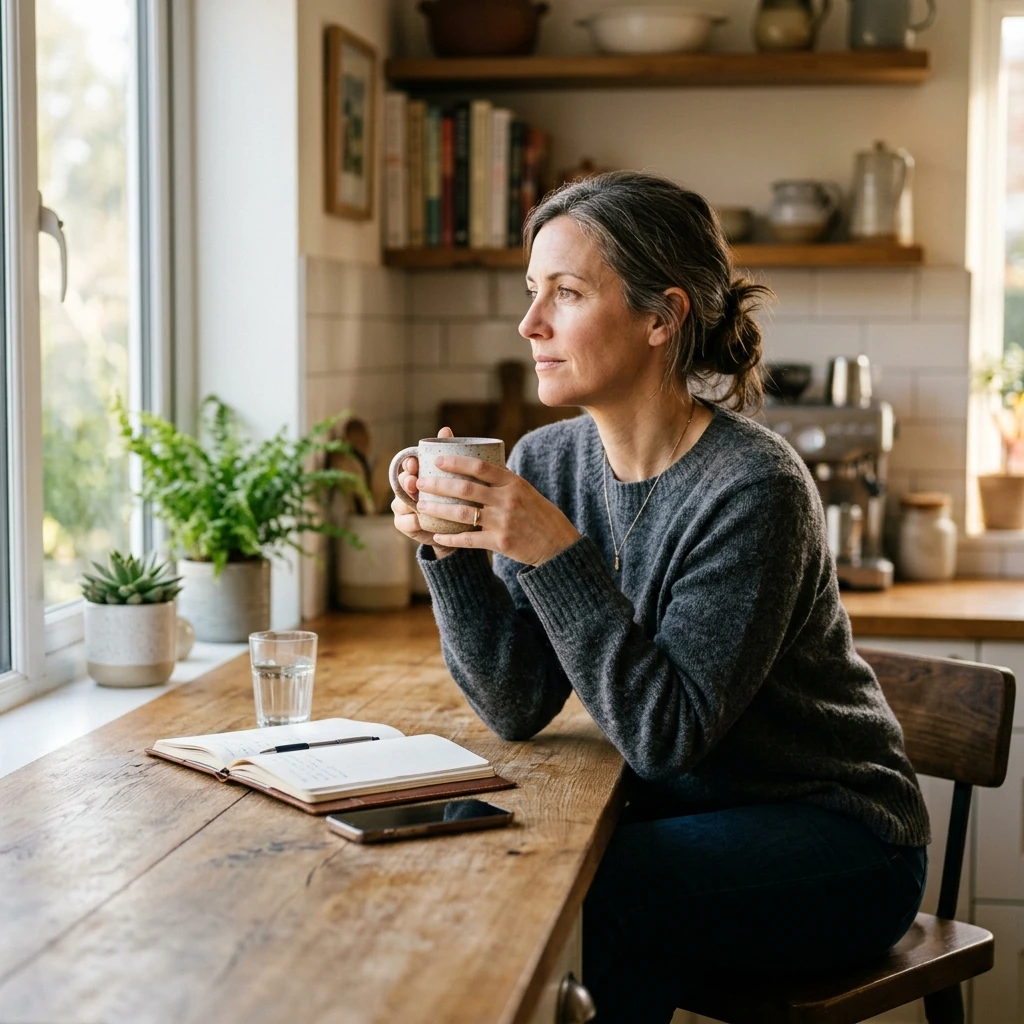 Candid view of a woman in her 40s sitting at a kitchen counter in morning light, holding a coffee mug with a slightly pensive expression, phone and journal nearby on the counter, natural and unposed atmosphere