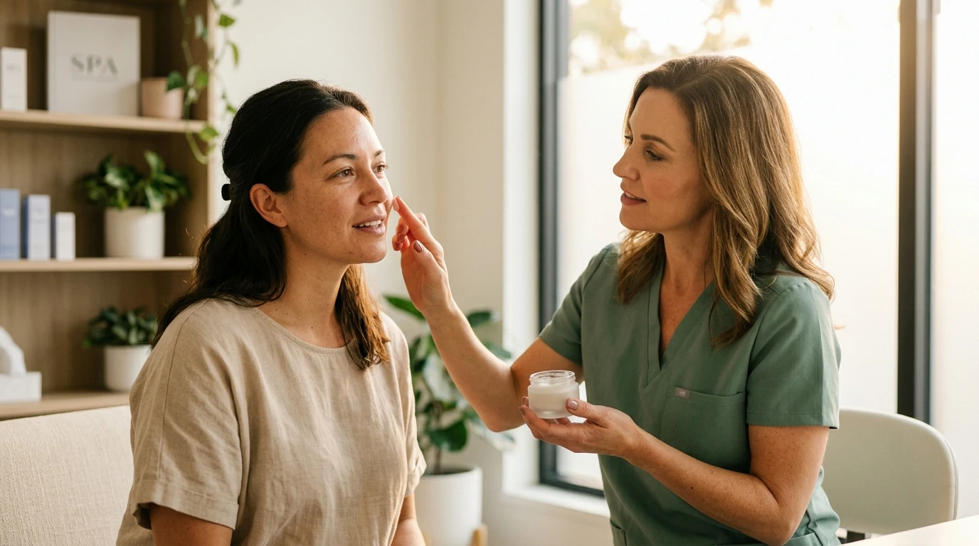 Woman in her thirties sitting across from a licensed aesthetician in a bright spa consultation room, discussing a customized skincare regimen. Danielle Hancock curates personalized medical-grade skincare plans at Coastal