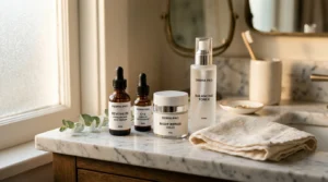 Curated medical-grade skincare products (serums, cream jars, and professional bottles) arranged on a marble bathroom vanity in warm natural light — a professional-grade skincare regimen