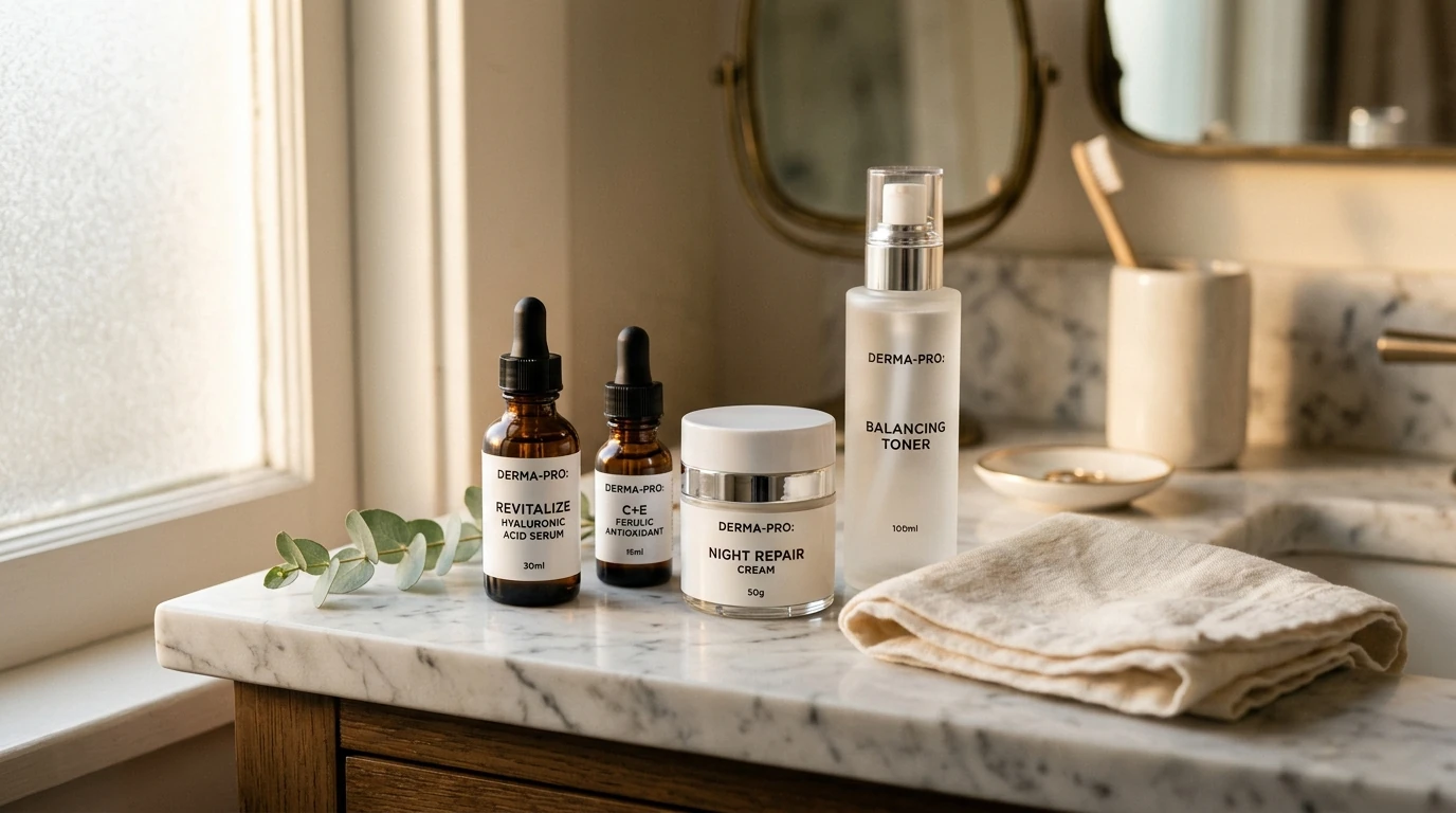 Curated medical-grade skincare products (serums, cream jars, and professional bottles) arranged on a marble bathroom vanity in warm natural light, a professional-grade skincare regimen