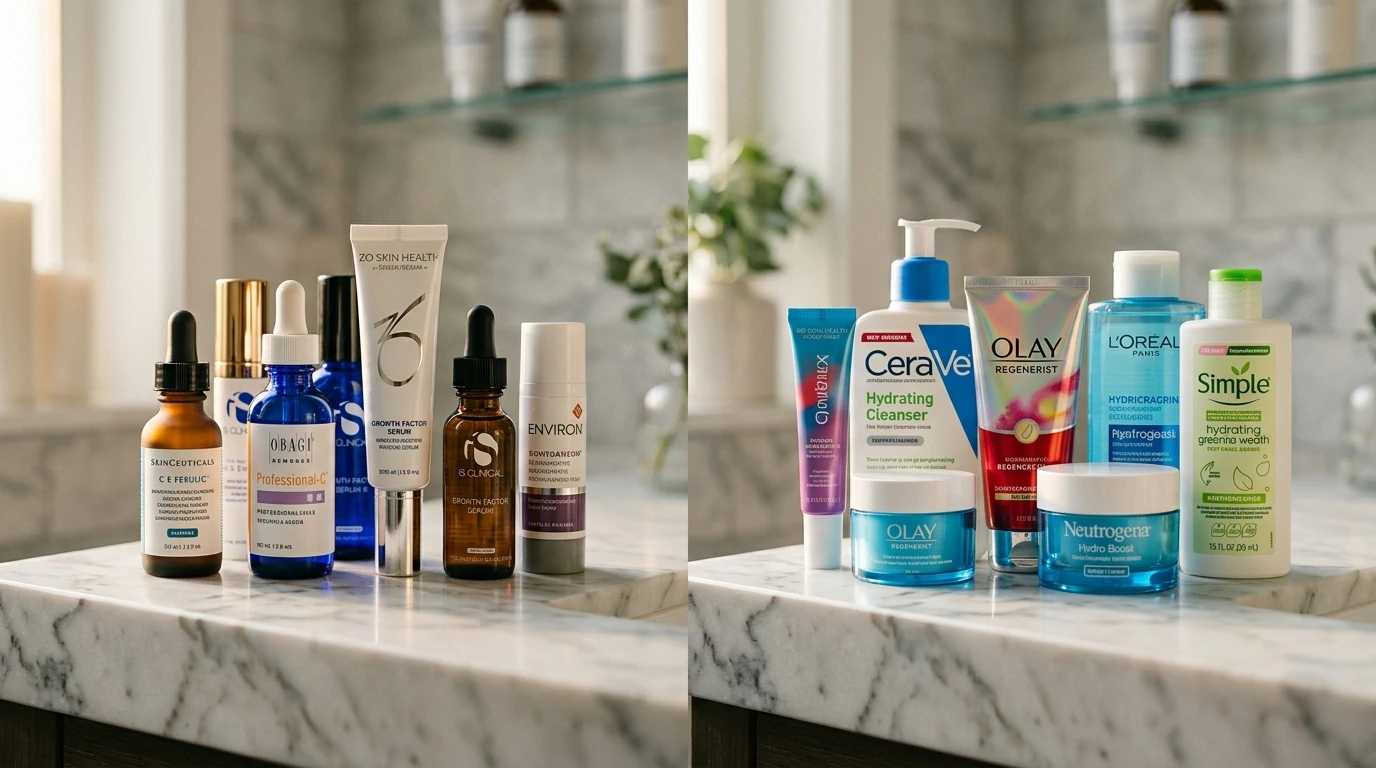 Side-by-side comparison of premium medical-grade skincare bottles against generic drugstore products on a marble surface, medical-grade formulations use higher active concentrations and advanced delivery systems