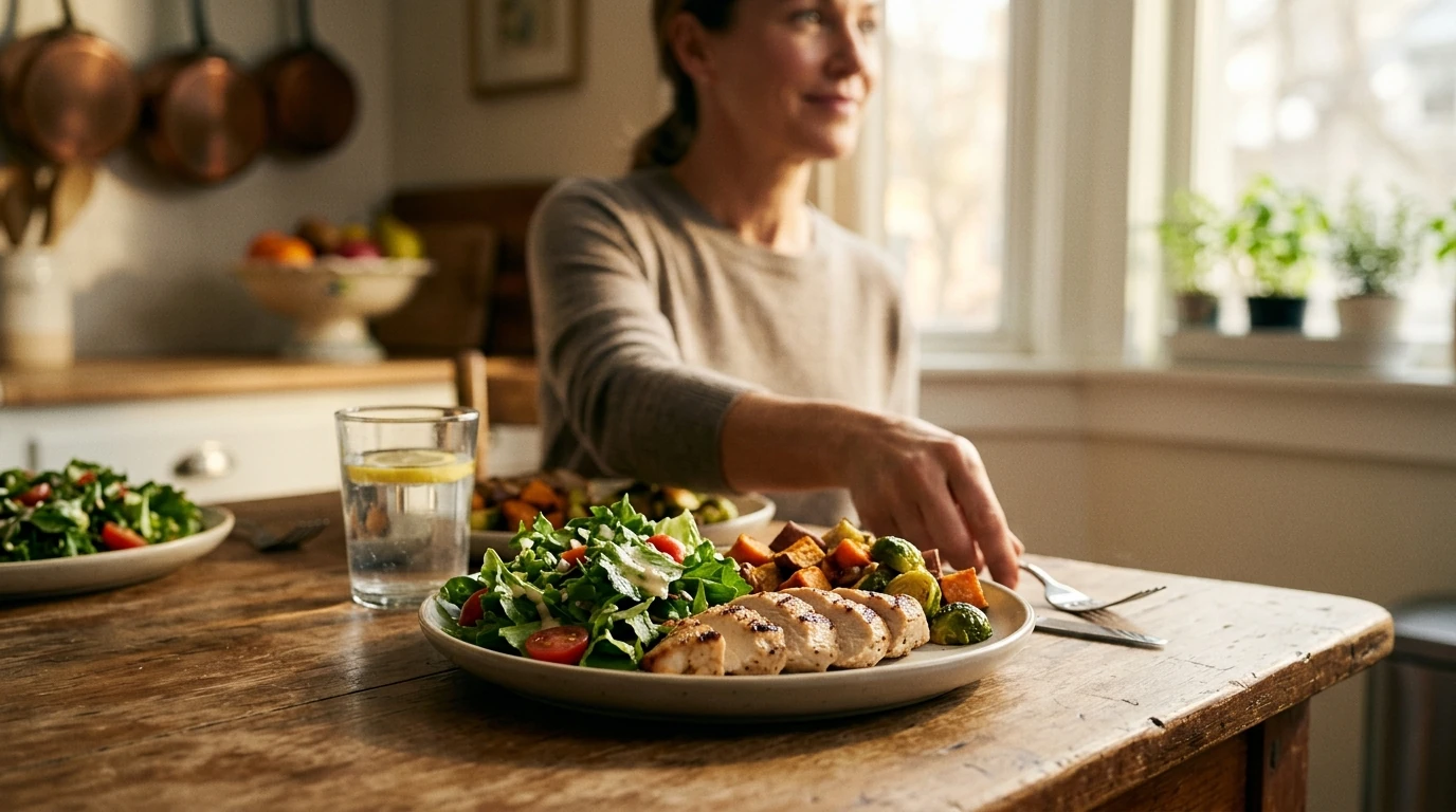 Table set with grilled chicken, leafy salad, roasted vegetables, and a glass of water in warm morning light, peptide therapy for weight loss works best alongside a structured nutrition plan