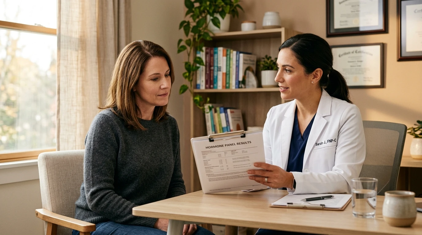 Woman in her forties in a warmly-lit women's wellness consultation room reviewing a hormone panel with a nurse practitioner, empathetic, individualized care for perimenopause