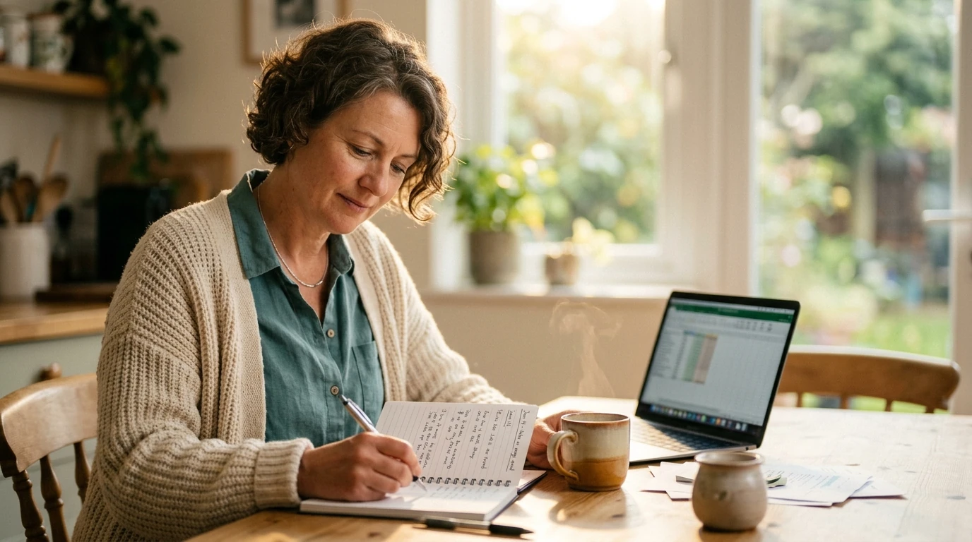 Woman in her forties at a kitchen table journaling with a mug of tea in warm morning light, tracking perimenopause symptoms (cycle, sleep, mood) over 2 to 4 weeks helps a provider evaluate patterns