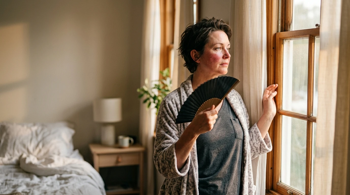 Woman in her mid-forties standing at a bedroom window in early morning light, fanning her face gently with one hand, a moment that captures the aftermath of a night sweat or hot flash, the most reported perimenopause symptom