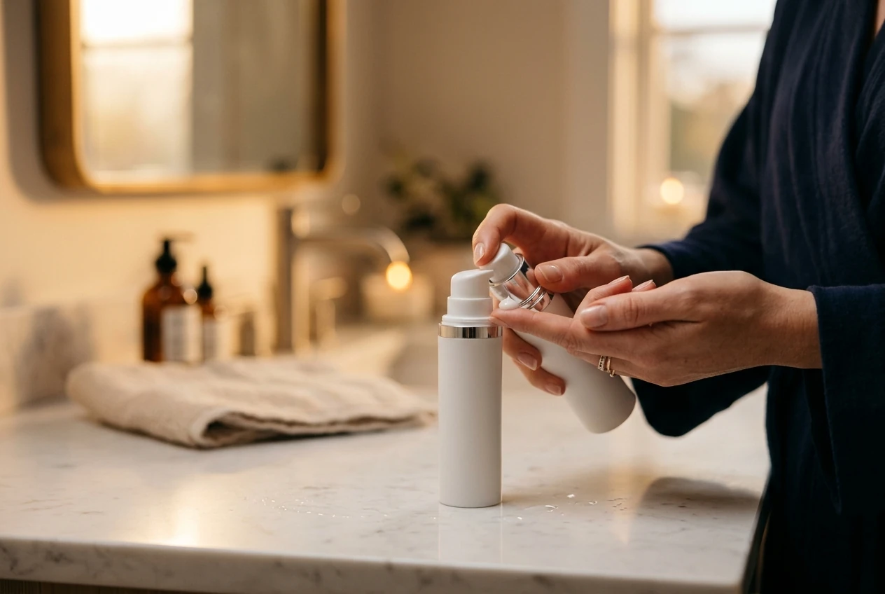 Dispensing retinol serum from an airless pump bottle at night, the evening step in a retinol routine that limits irritation