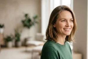 Woman in her forties with smooth, firm, even-toned skin showing the long-term retinol benefits of consistent use