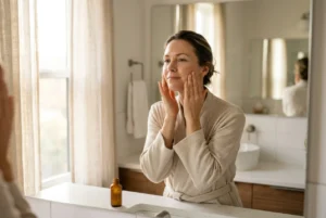 Woman following her morning skincare routine order at a bathroom mirror, applying products from thinnest to thickest before sunscreen