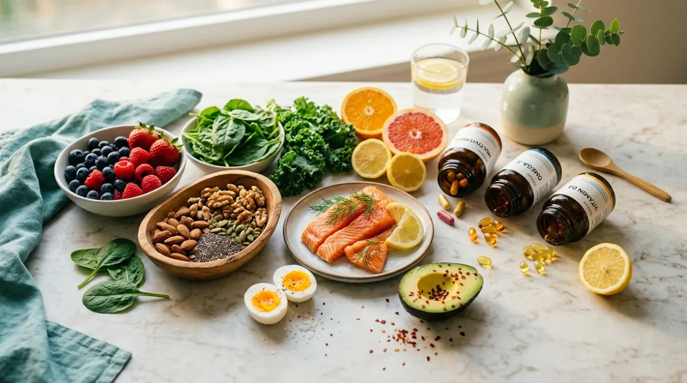 An overhead spread of micronutrient-rich foods and vitamin supplements representing personalized nutrition at Coastal Health & Medical Spa in Jacksonville, FL