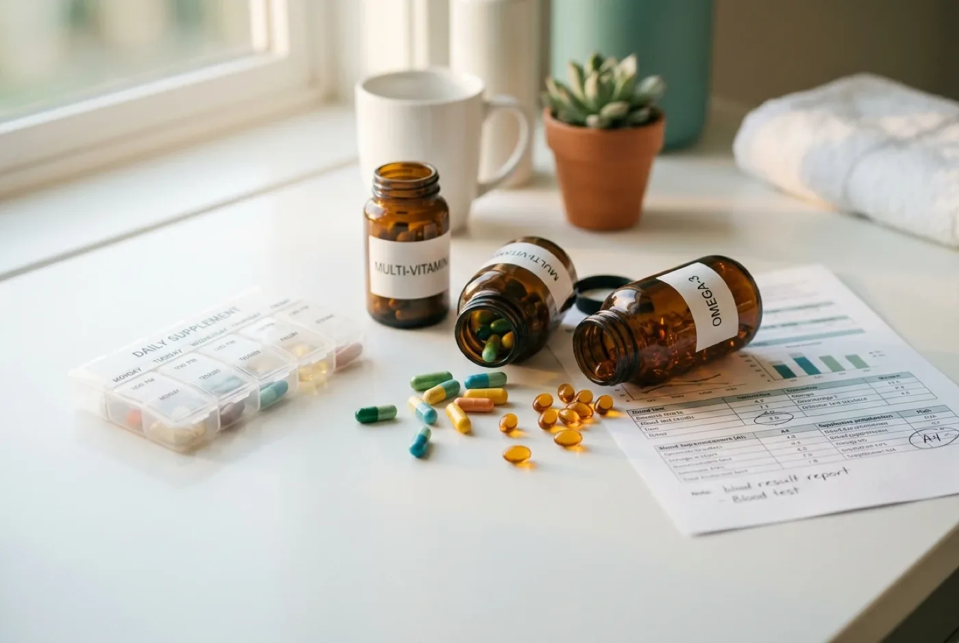 A personalized supplement plan with a daily vitamin pack and capsules beside blood test results at Coastal Health & Medical Spa in Jacksonville, FL
