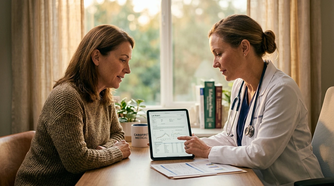 Woman in her forties in a warmly-lit consultation room reviewing a lab report with a nurse practitioner in white coat, medical consultation for weight loss plateau evaluation