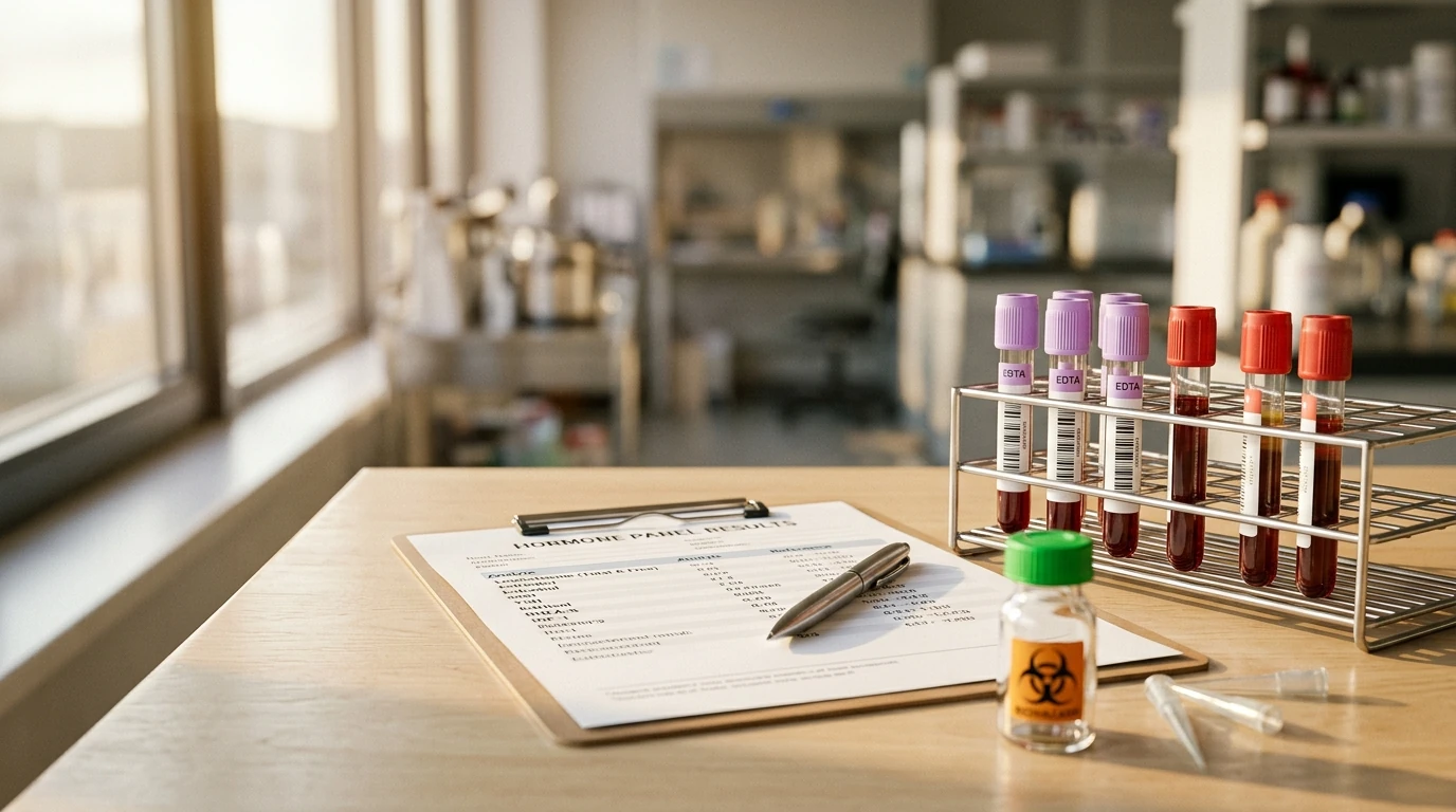 Laboratory test tubes and blood samples arranged next to a hormone panel report on a clean surface, a comprehensive hormone panel is the first step in a medical evaluation for a persistent weight loss plateau