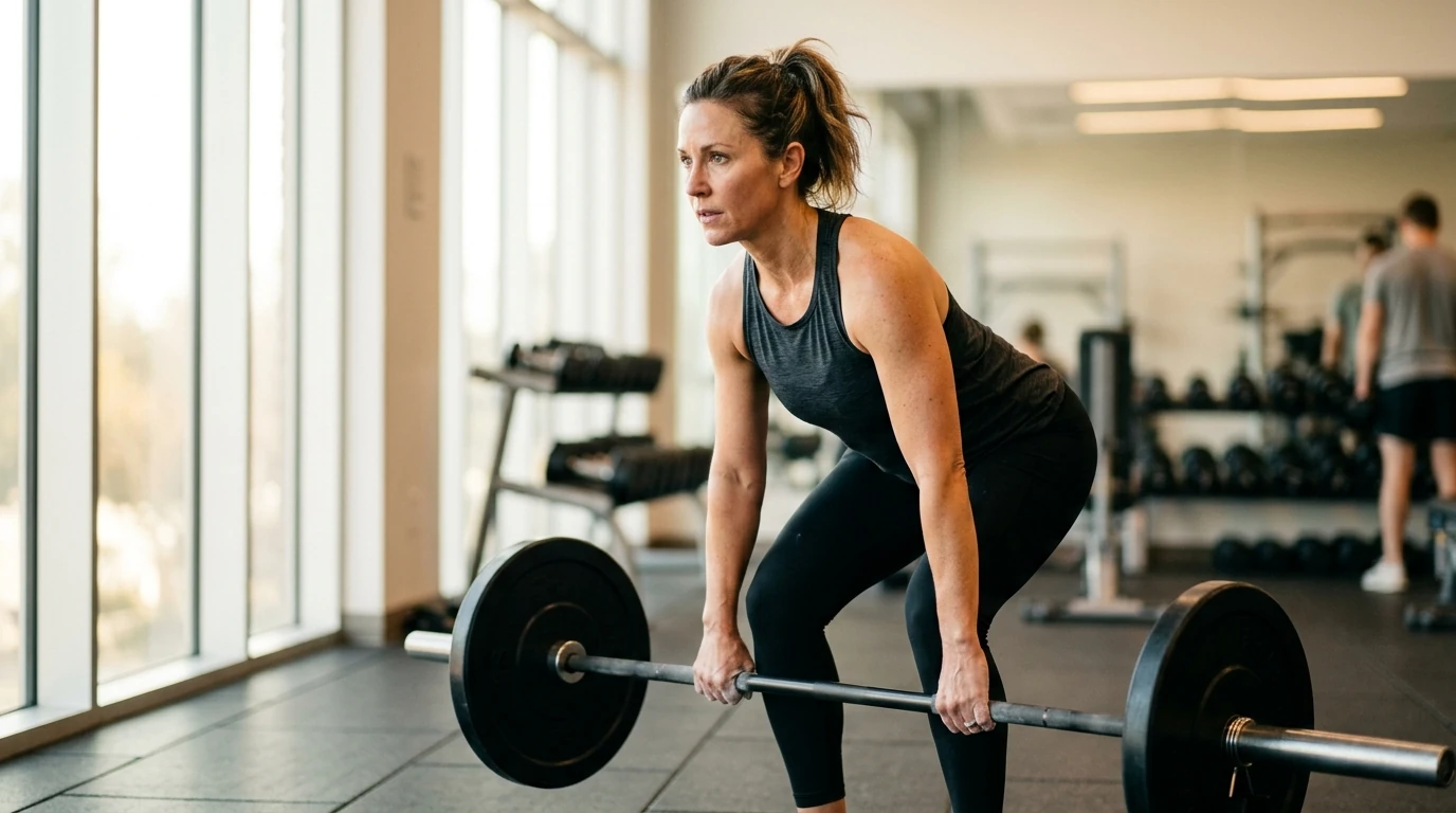 Woman in her forties performing a compound strength exercise in a bright gym setting, the shift from cardio to resistance training is one of the most effective ways to break through a weight loss plateau