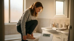 Woman in her forties standing on a bathroom scale in bare feet, viewed from a low angle, with a thoughtful expression in soft morning light — visualizing the frustration of a weight loss plateau