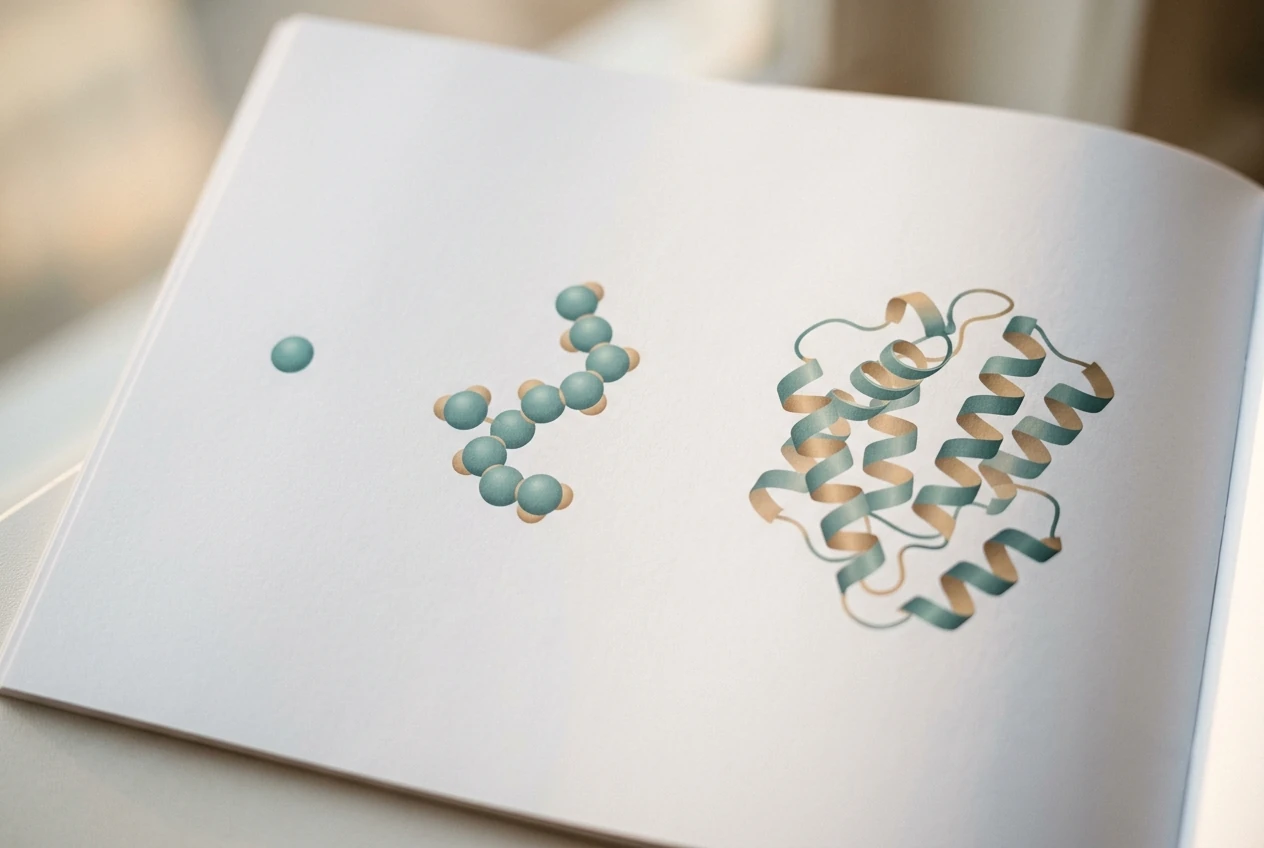 What are peptides compared with amino acids and proteins: a single amino acid, a short peptide chain, and a large folded protein structure