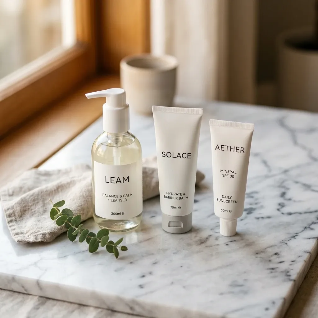 Overhead view of gentle fragrance-free moisturizer, ceramide cream, and mineral SPF recommended for chemical peel aftercare