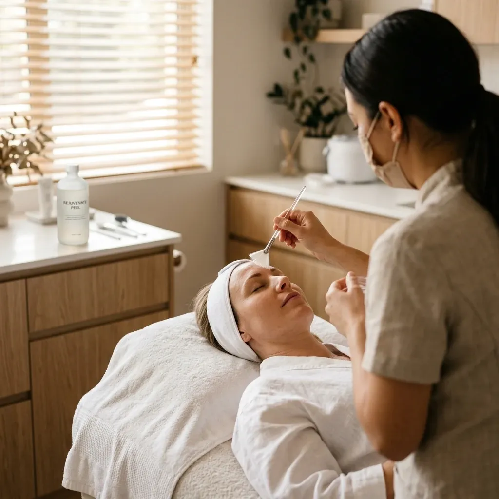Professional aesthetician treating a woman with hyperpigmentation with a medium-depth chemical peel.