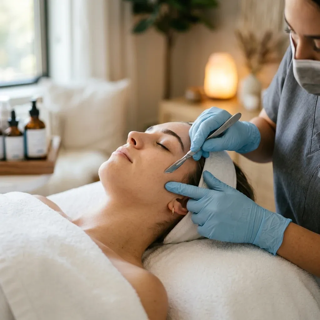 Close-up of an aesthetician's gloved hands holding a dermaplaning scalpel at an angle against a client's cheek, soft clinical lighting, the client relaxed on a treatment bed with eyes closed, clean and calm medical spa environment