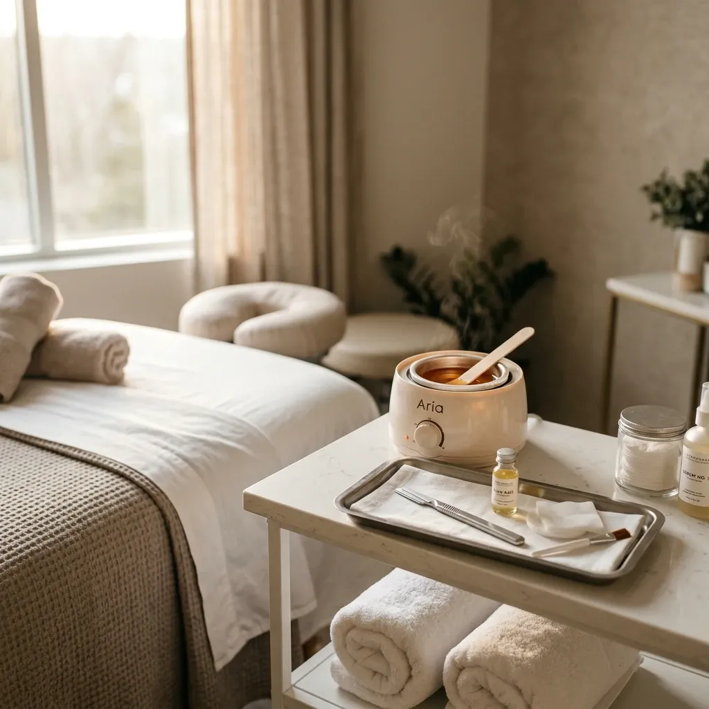Organized treatment room in a medical spa, soft natural light, a tray with dermaplaning tools next to a warm wax warmer, clean towels folded neatly, suggesting both treatment options available in one setting