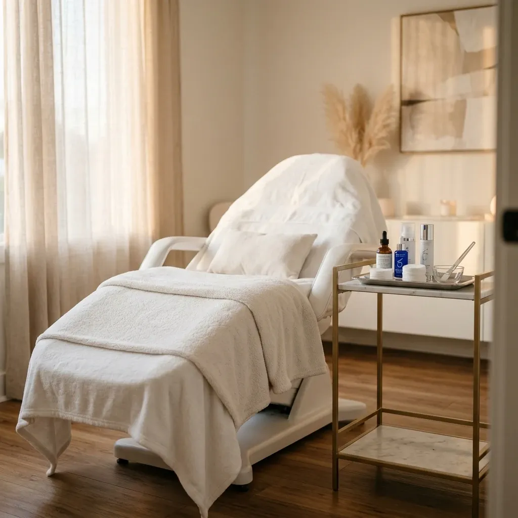 Aesthetic treatment room with products used to prepare skin for a chemical peel