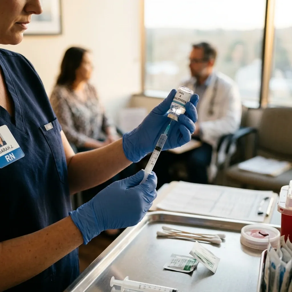 Close-up of a medical professional's gloved hands preparing a precise syringe dose at a clean treatment station, with soft clinical lighting and a blurred patient consultation area visible in the background