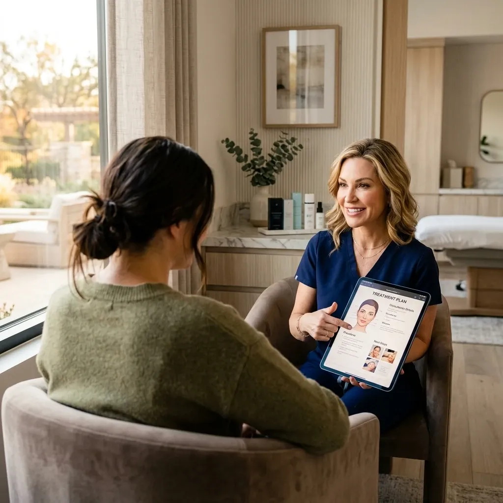 Over-the-shoulder view of a patient seated in a modern medical spa consultation room, provider gesturing toward a treatment plan on a tablet, warm natural light from a window, relaxed atmosphere with clean contemporary furnishings