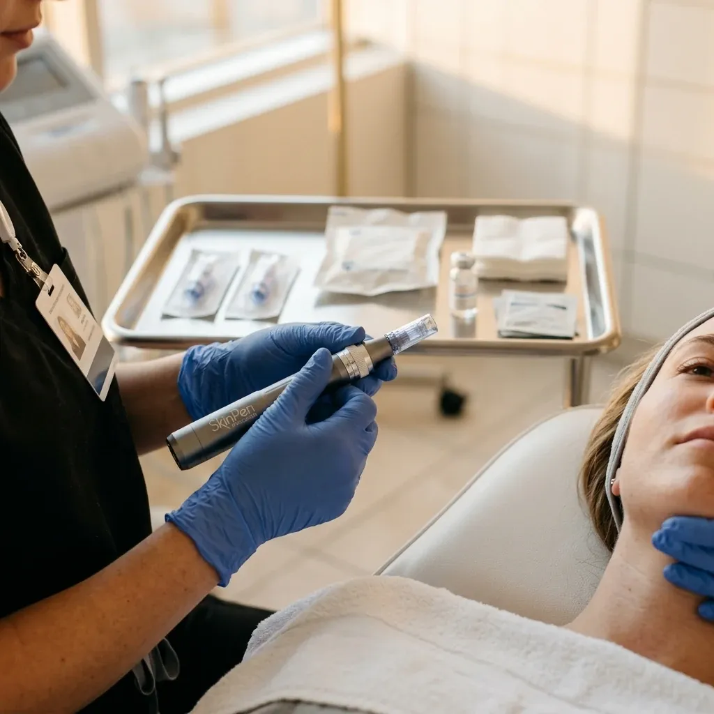 Close-up of microneedling treatment in progress, comparing skin rejuvenation with laser resurfacing