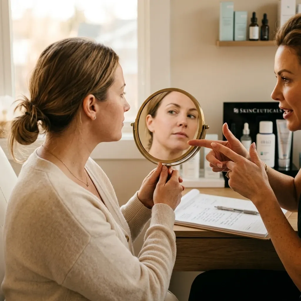 Provider discussing microneedling vs laser treatment options during a skincare consultation