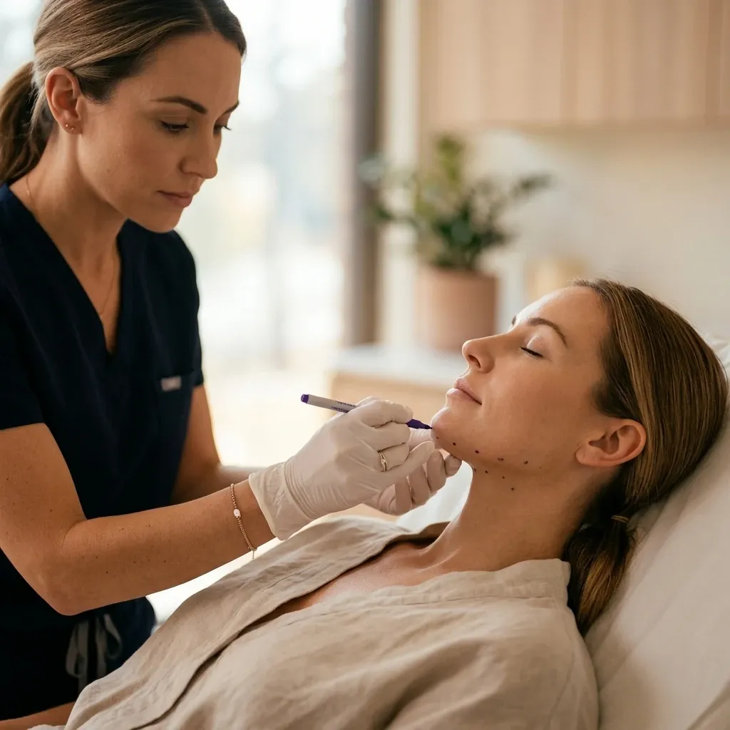 Close-up of a defined jawline and smooth neck contour following a Nefertiti lift treatment