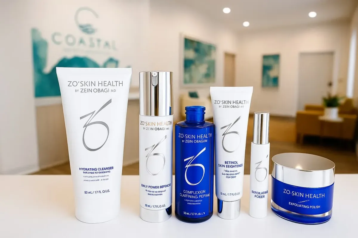 ZO Skin Health cleanser, exfoliating polish, serums, and retinol lined up in the lobby of Coastal Health & Medical Spa in Jacksonville, FL, the medical-grade products brides use for an at-home facial between appointments.