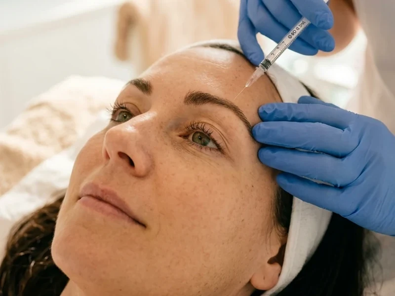 Botox brow lift in Jacksonville: a gloved provider placing a fine injection above the tail of a woman's eyebrow at Coastal Health & Medical Spa