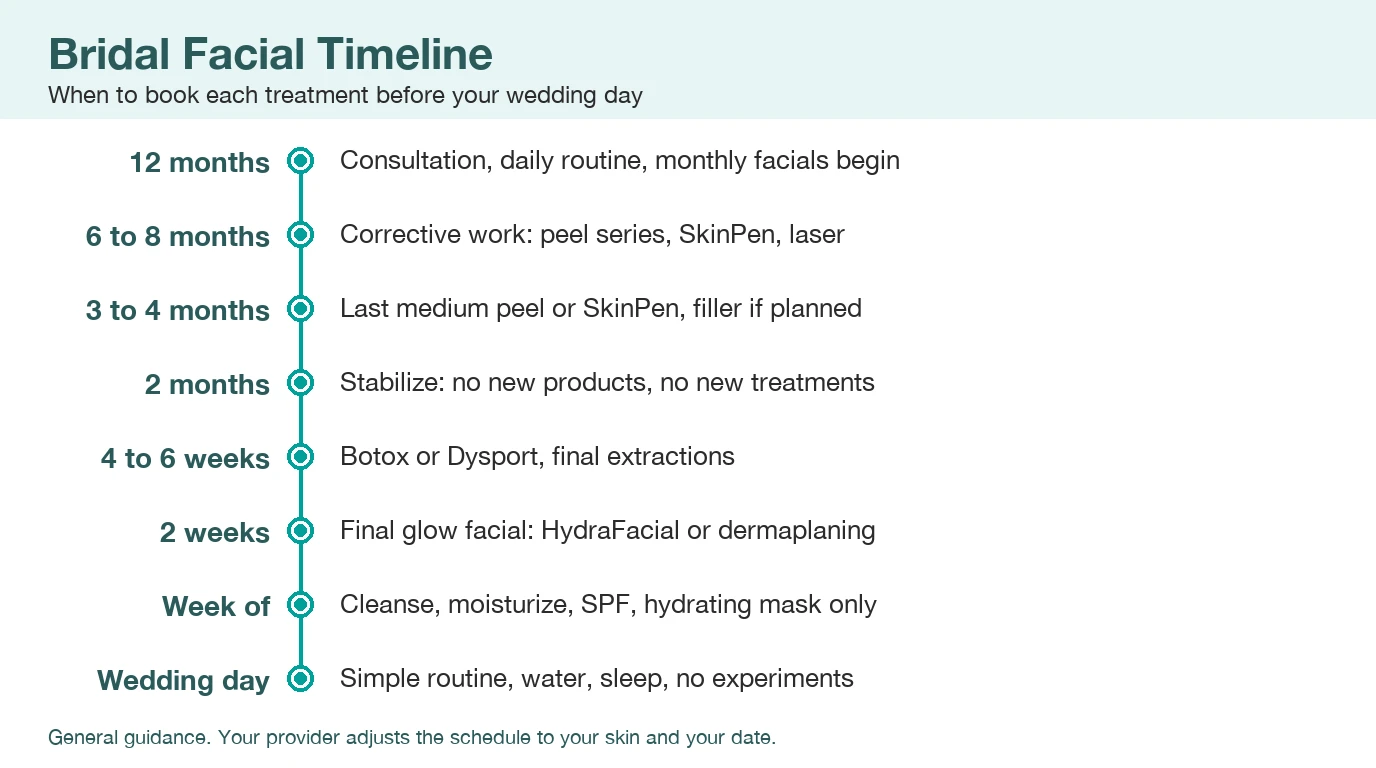 Bridal facial timeline infographic showing when to book each treatment before a wedding: consultation at 12 months, corrective peels and SkinPen at 6 to 8 months, filler at 3 to 4 months, Botox at 4 to 6 weeks, a final glow facial at 2 weeks, and a simple routine the week of.