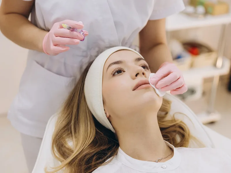 Aesthetician beginning a brightening facial in Jacksonville, FL