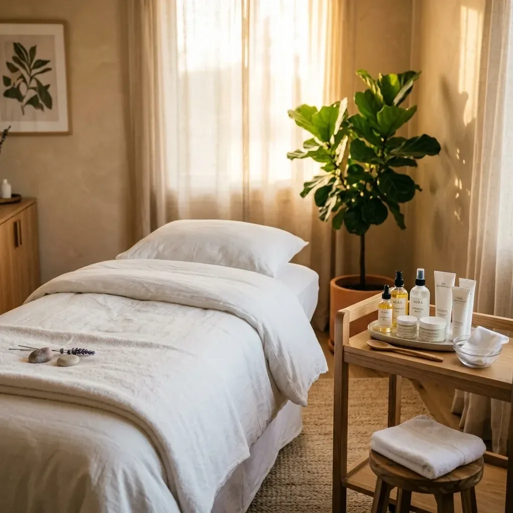 Treatment room set up for a skin brightening facial with brightening serums, exfoliating masks, and finishing products arranged on the cart.