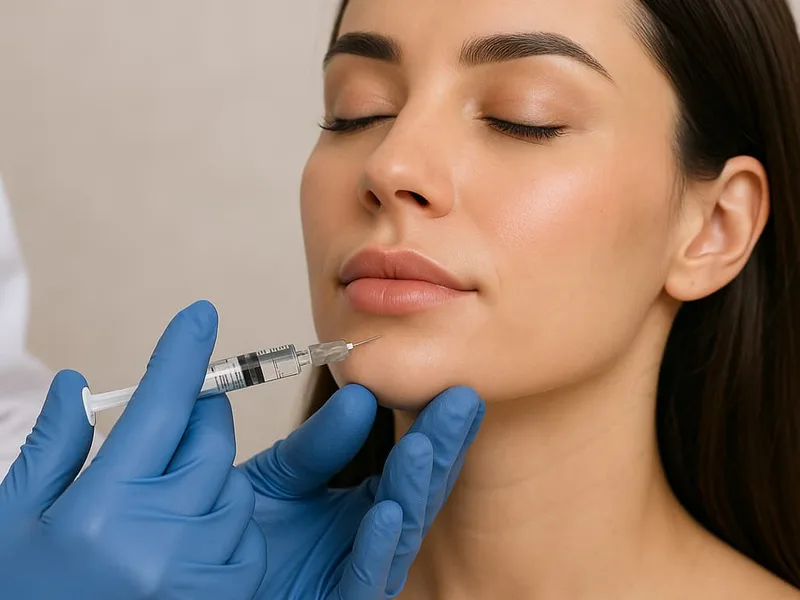 Gloved provider placing a chin filler injection to build projection along a patient's chin in Jacksonville, FL