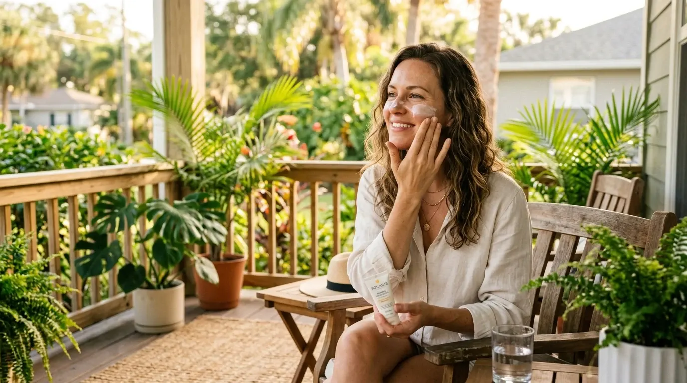 Woman applying sunscreen to her cheek on a sunny Florida porch surrounded by palms, the daily SPF habit that keeps sunspots on the face from coming back