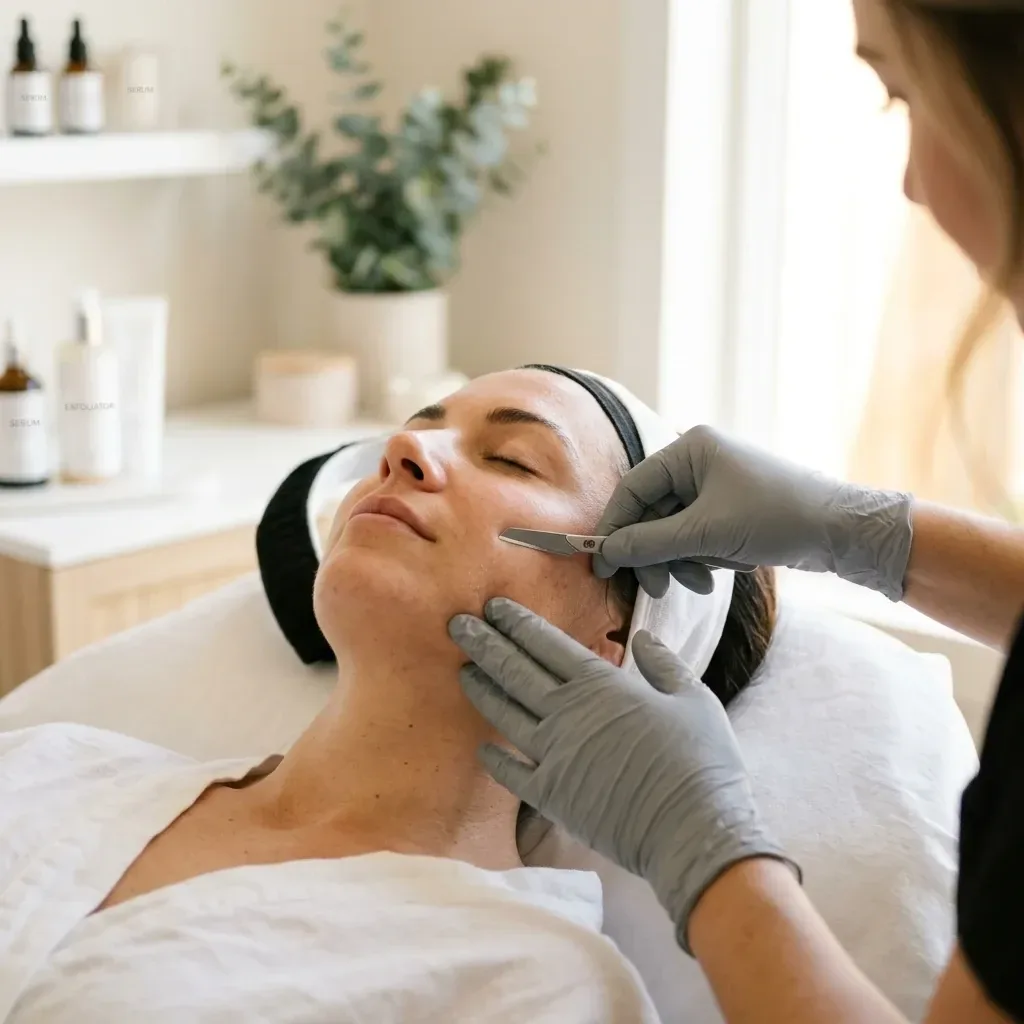 Close-up of a dermaplane facial in progress, with a gloved aesthetician holding a sterile surgical blade at a shallow angle against the cheek to remove dead skin and vellus hair